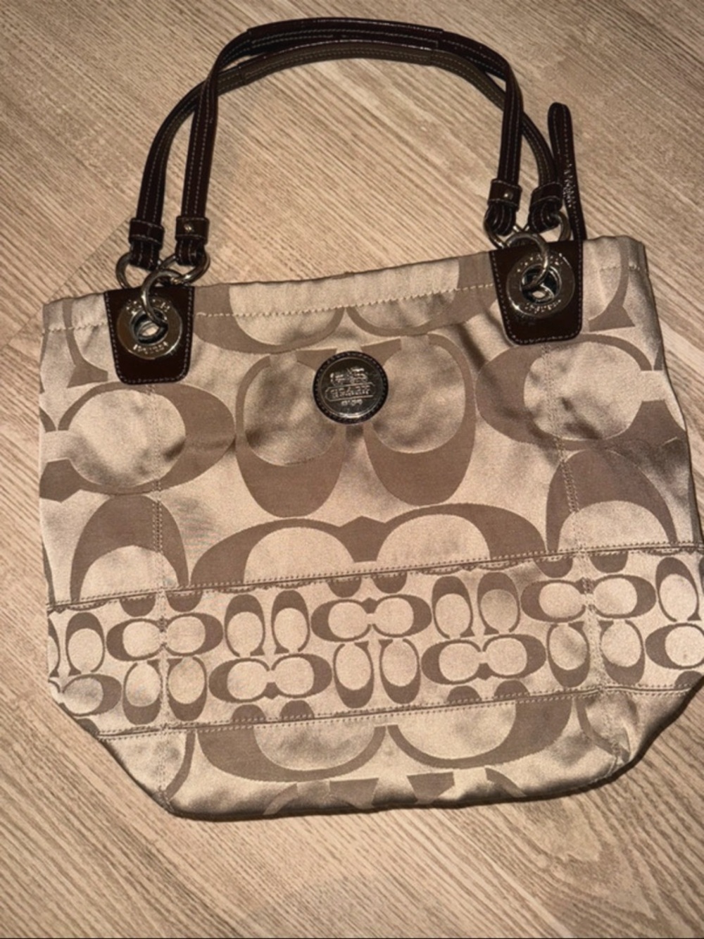 Coach Beige Signature Tote with Brown Leather Handles